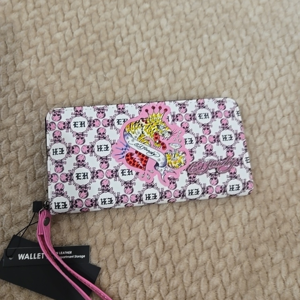 Ed Hardy Pink Skull Tiger Crown Wallet Wristlet Y2K Punk Goth Zip Around